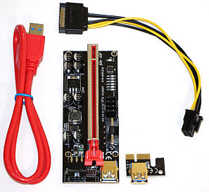 Райзер Riser VER 010S Plus PCI-E 1x to 16x PCE 164pin, 60см sata, molex, 6 pin, led, фото 3