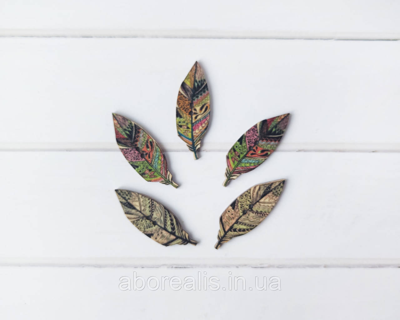 Ґудзики дерев'яні "Пір'ячко". Мікс 5 шт., фото 1