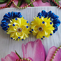 Дитячий бант в українському стилі для волосся Скранч атласний (бантик жовто-синій під вишиванку, шкільний ручної роботи)