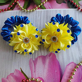 Дитячий бант в українському стилі для волосся Скранч атласний (бантик жовто-синій під вишиванку, шкільний ручної роботи)