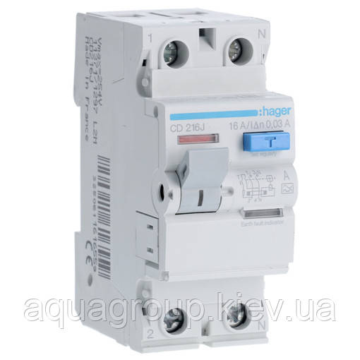 Hager Дифреле (УЗО) Hager CD216J 2-полюсне 6kА 16А 30mA тип А