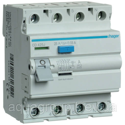 Hager Діфреле (УЗО) Hager CD425J 4-полюсне 6кА 25А 30mA тип А