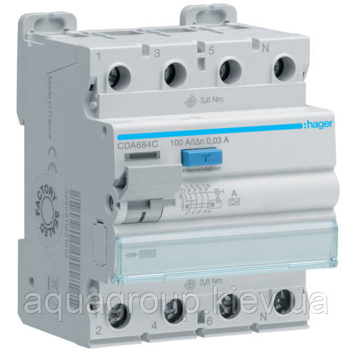 Hager Дифреле (УЗО) Hager CDA684C 4-полюсне 10kА 100А 30mA тип А