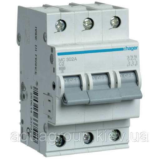 Hager Автоматичний вимикач Hager MC302A 3-полюсний 6kA In=2А тип C