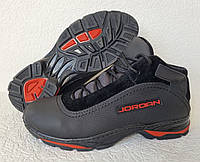 Jordan зимние мужские кроссовки натуральная кожа мех ботинки черные с красными логотипами