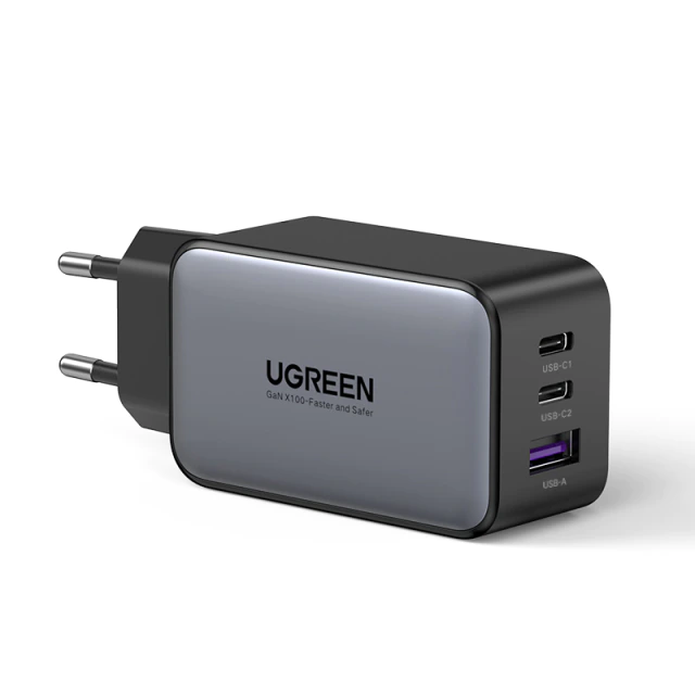Зарядний пристрій Ugreen GaN 65 Вт високошвидкісний з 3 портами 2xUSB-C 1xUSB-A Dark Grey (CD244), фото 1
