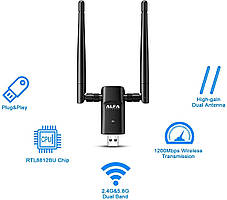 Оригінал! Usb Wi-Fi адаптер Alfa AWUS036ACU чип Realtek RTL8812BU, фото 3