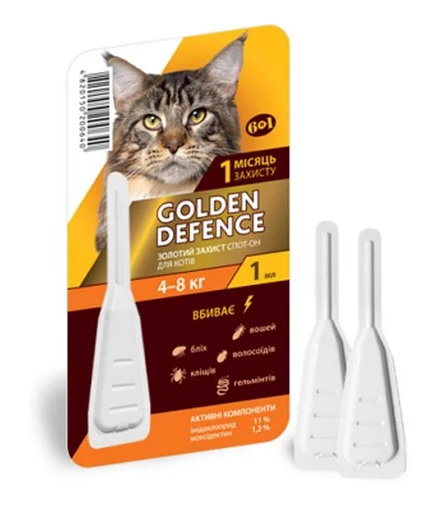 Золотий захист (Golden Defence) для котів 4 - 8 кг, 1 мл, 1 піпетка. Лікування від бліх, кліщів