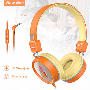 Дитячі накладні навушники з мікрофоном дротова гарнітура New Bee KH20 Orange