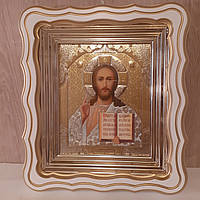 Икона Господь Вседержитель, лик 15х18 см, в белом фигурном деревянном киоте
