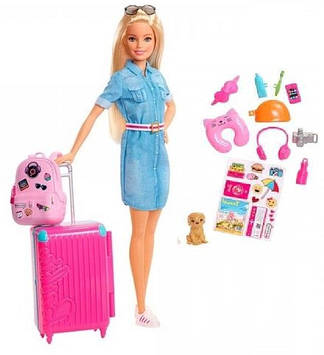 Ігровий дорожній набір Mattel Барбі з собакою з валізою Travel Set Barbie 15 Аксесуарів