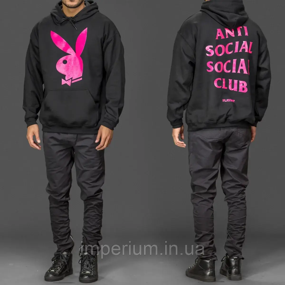 Чорна чоловіча толстовка з рожевим логотипом anti social social club | кежуал худі assc playboy