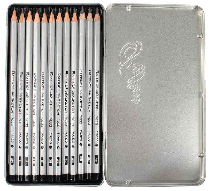 Набор графитовых карандашей Marco 12 штук 2H-8B метал пенал - фото 4 - id-p1563921459