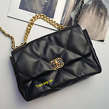 Жіноча шкіряна класична сумка (Chanel 19) Шанель 19 чорна середній розмір