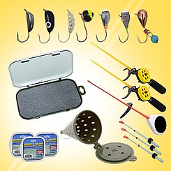 Комплект для зимової риболовлі, вольфрамові морми, вудки, кивки, зимова волосінь