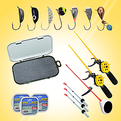 Комплект для зимової риболовлі, вольфрамові морми, вудки, кивки, зимова волосінь