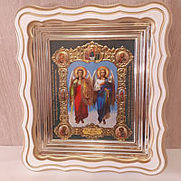 Икона Михаил и Гавриил Архангелы, лик 15х18 см, в белом фигурном деревянном киоте
