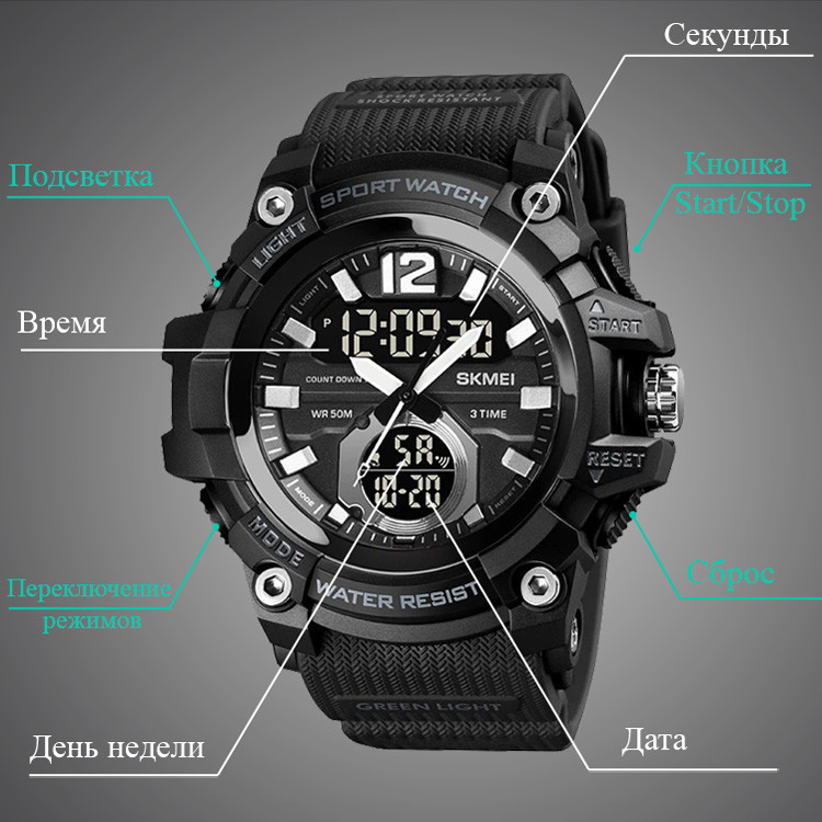 Мужские спортивные наручные часы Skmei 1725 (Черные) - фото 10 - id-p1564391353
