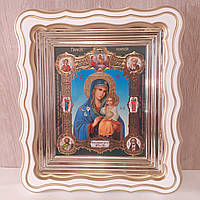 Икона Неувядаемый Цвет Пресвятая Богородица, лик 15х18 см, в белом фигурном деревянном киоте