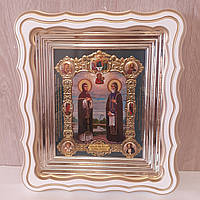 Икона Петр и Феврония Муромские святые благоверные князья, лик 15х18 см, в белом фигурном деревянном киоте