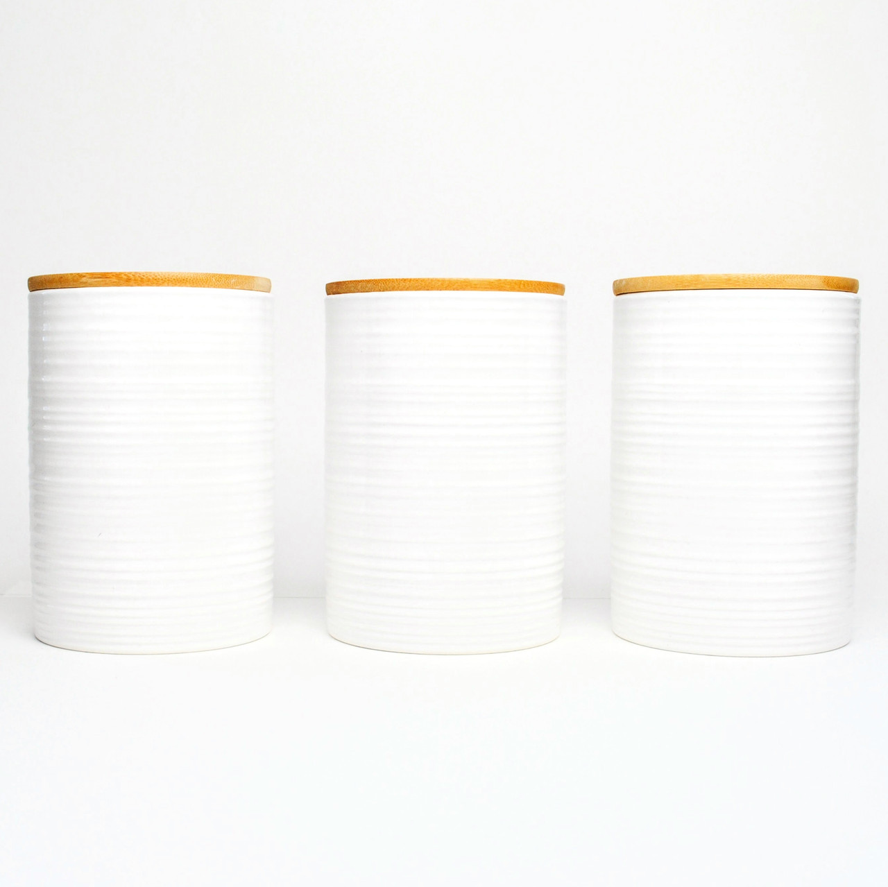 Набір банок для сипучих продуктів BonaDi Naturel Лінії 3 шт 800 мл керамічні з бамбуковою кришкою, білі, фото 1