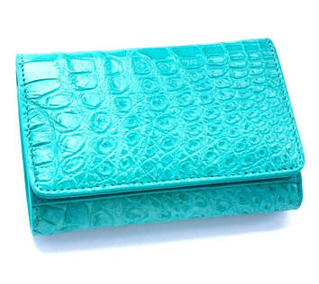 Шкіряний крокодиловий гаманець жіночий блакитний на кнопці Ekzotic Leather
