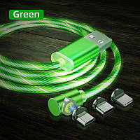 Магнитный светящийся кабель Topk AM19 угловой 90 градусов 3в1 iPhone Lightning microUSB Type-C Green