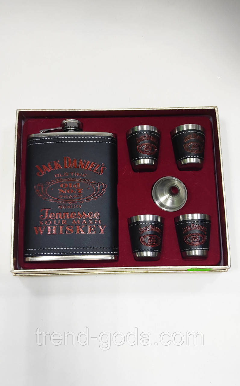 Набір фляга та стопки "Jack Daniel s" Подарунковий набір із флягою 270 мл лійкою і 4 стопками "Джек деніалс"чорний