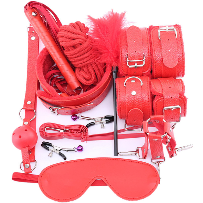 Набір БДСМ іграшки Садо мазо ігри 10 в 1 BDSM батіг, кляп, мотузки, наручники, маски, ошийник Червоний