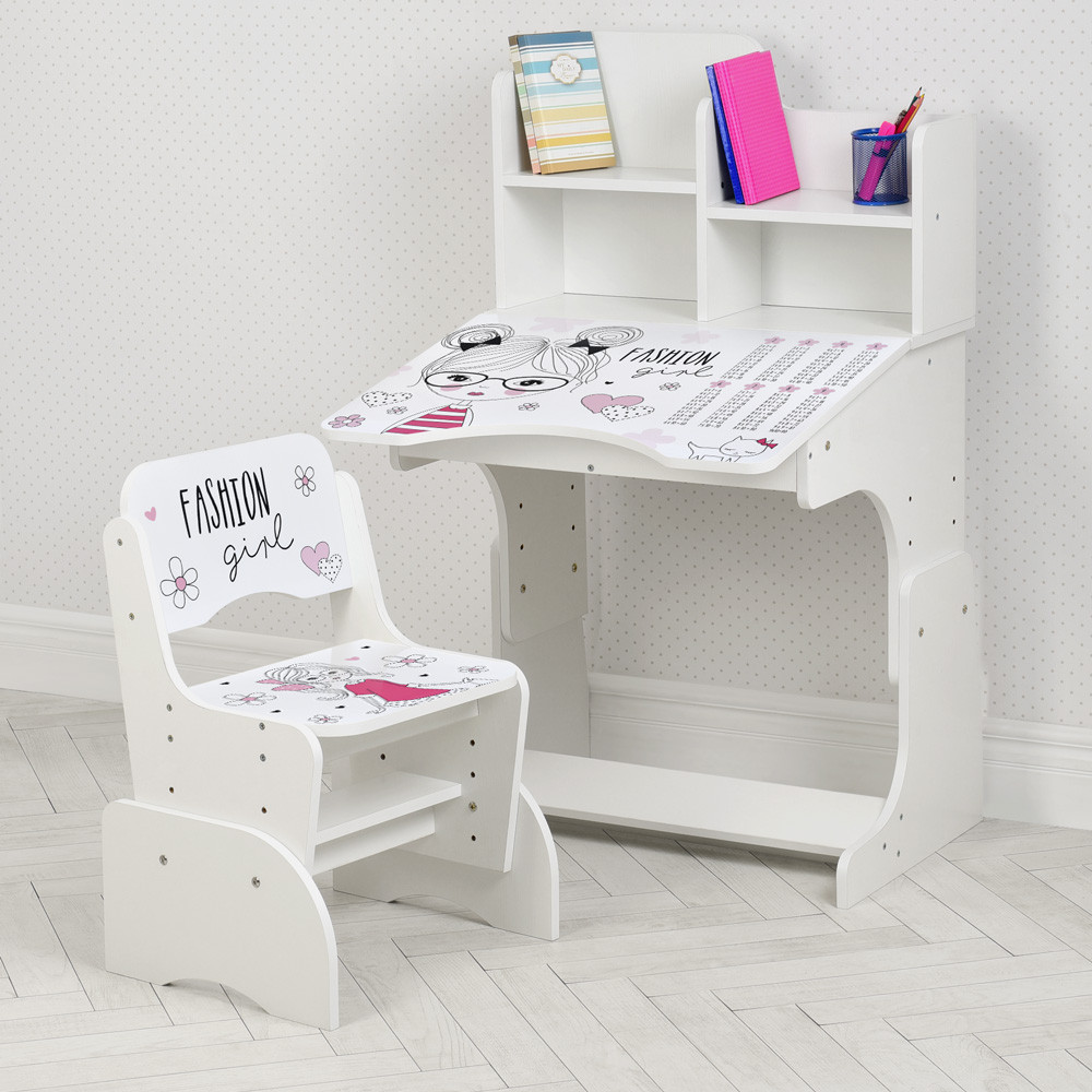 Дитяча парта зі стільчиком біла Bambi W 2071-99-1 з надбудовою 4 полиці Fashion Girl