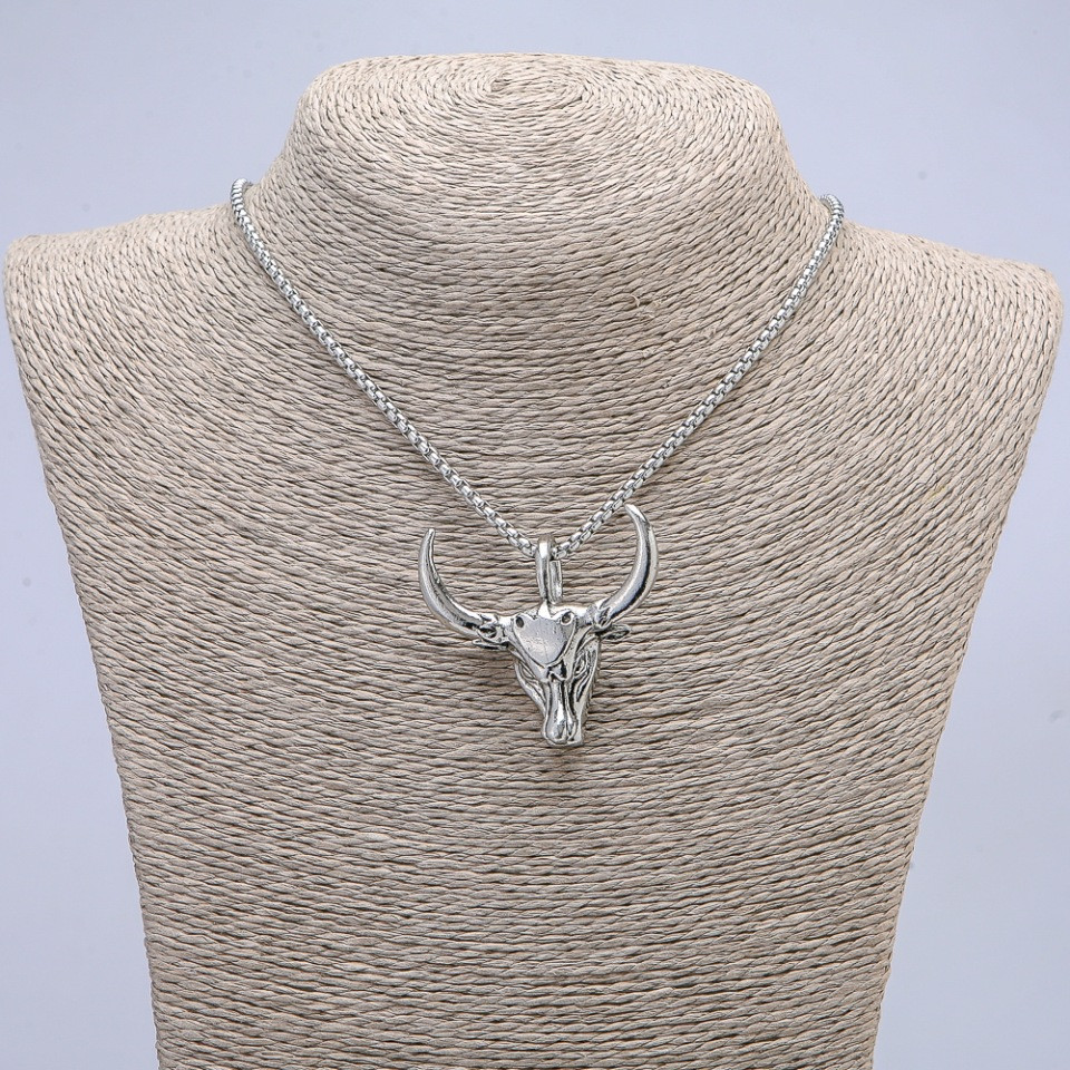 Кулон "Череп Бика" 40х45мм на ланцюжку L-70см сріблястий метал, фото 1