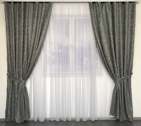 Якісний комплект мармурових штор на тасьмі з підхватами 200х270 см і тюль 500х270 см Колір Графіт, фото 1