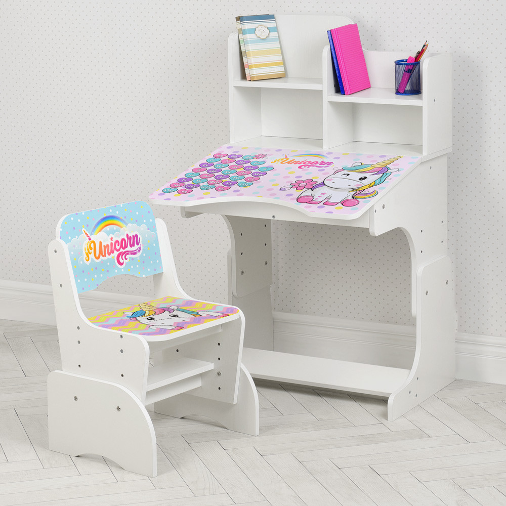 Дитяча парта зі стільчиком біла єдиноріжка Bambi W 2071-95-1 (UA) з надбудовою український алфавіт, фото 1