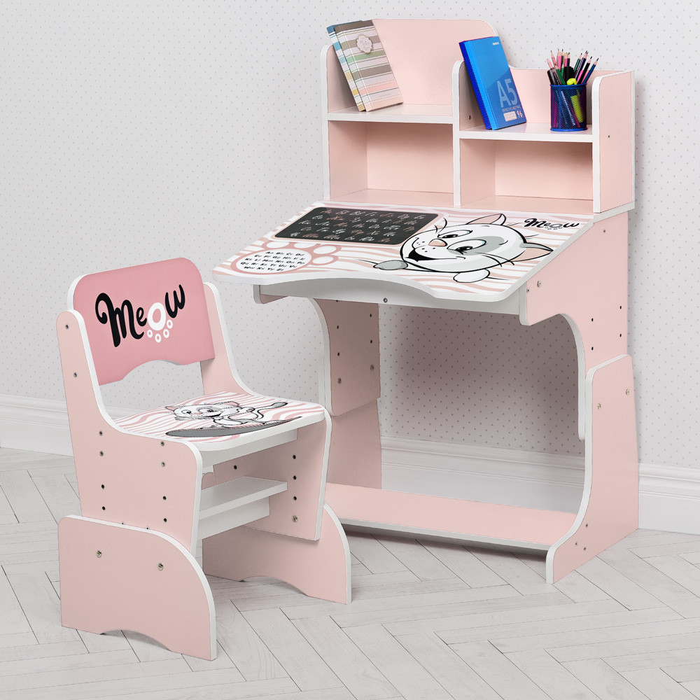 Дитяча парта зі стільчиком Bambi W 2071-110-3(UA)(EN) рожева з надбудовою українська та англійська алфавіт