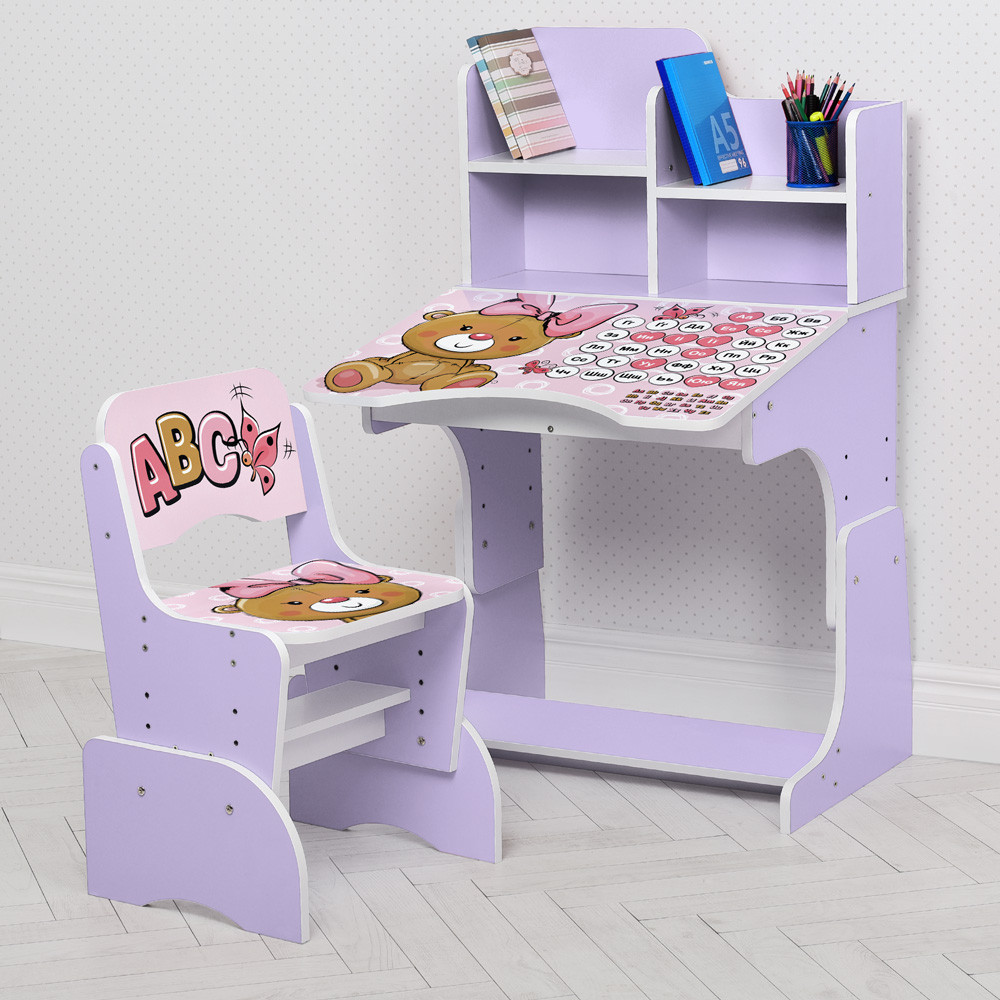 Дитяча парта зі стільчиком ведмедик Bambi W 2071-111-4 (UA) (EN) лаванда українська та англійська абетка