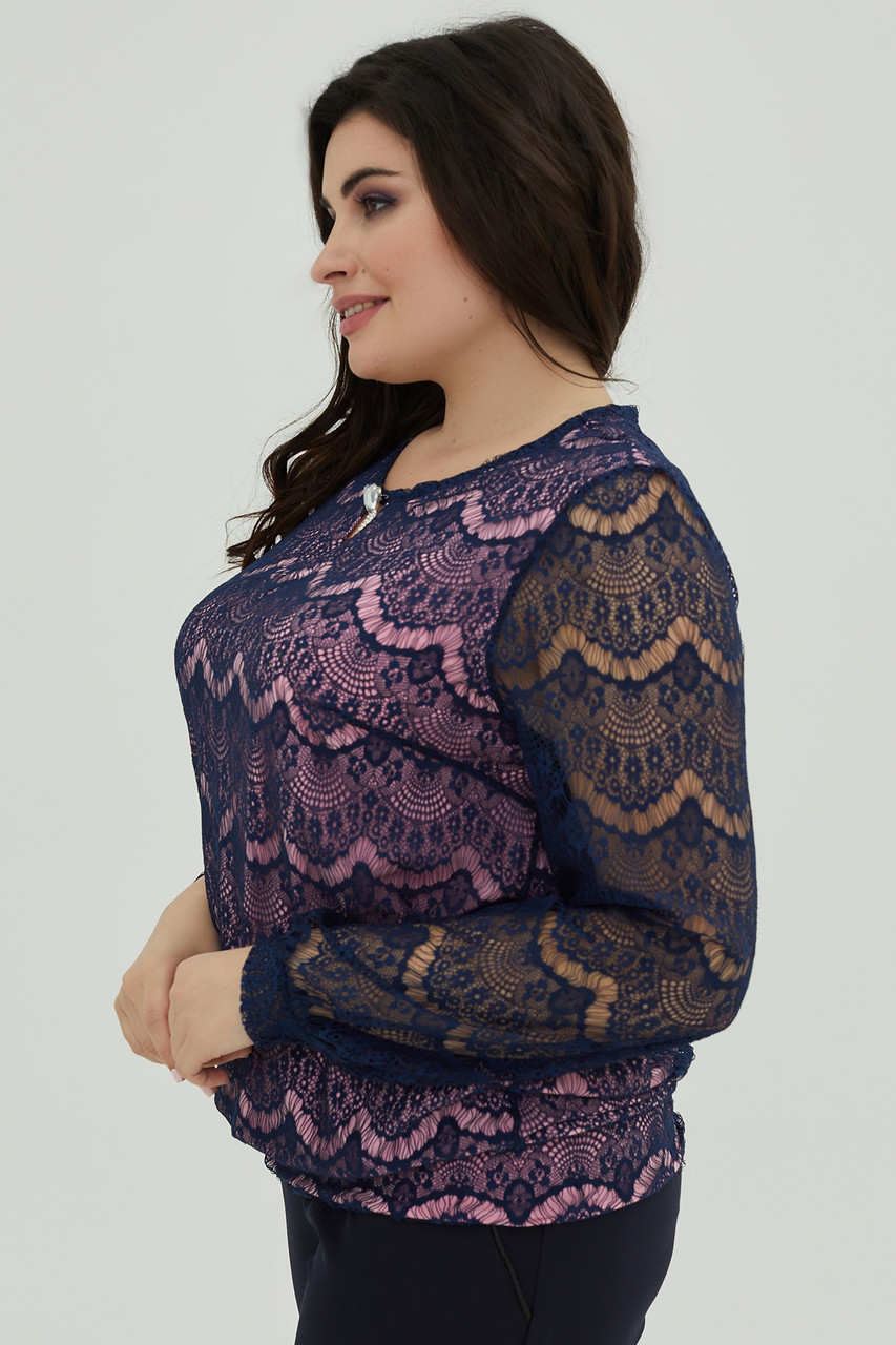Купить Женская гипюровая синяя блуза с длинным рукавом большой размер ...