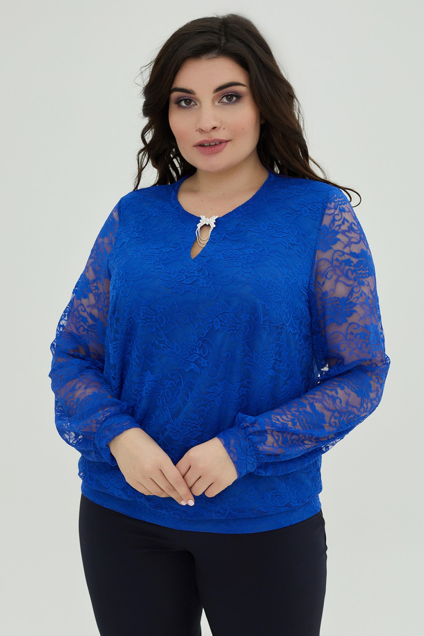Купить Женская гипюровая синяя блуза с длинным рукавом большой размер ...