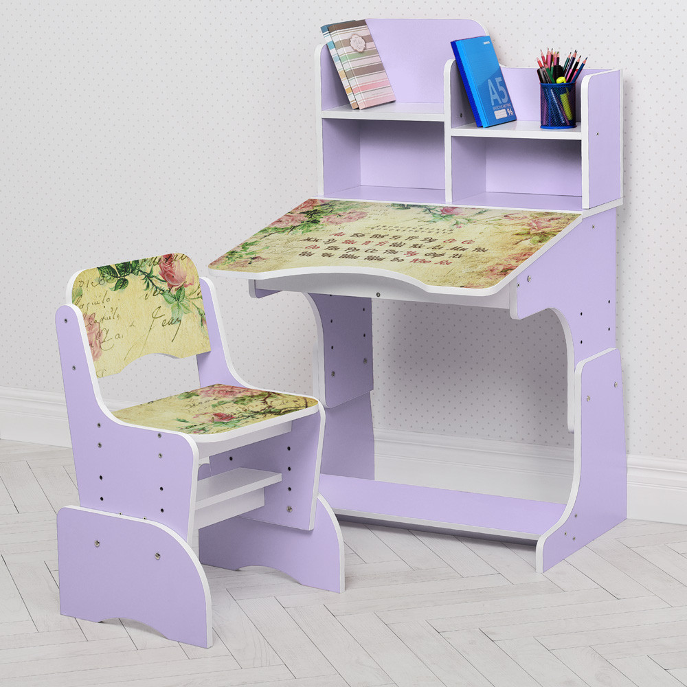 Дитяча парта зі стільчиком квіти лаванда Bambi W 2071-113-3 (UA) (EN) український і англійський алфавіт