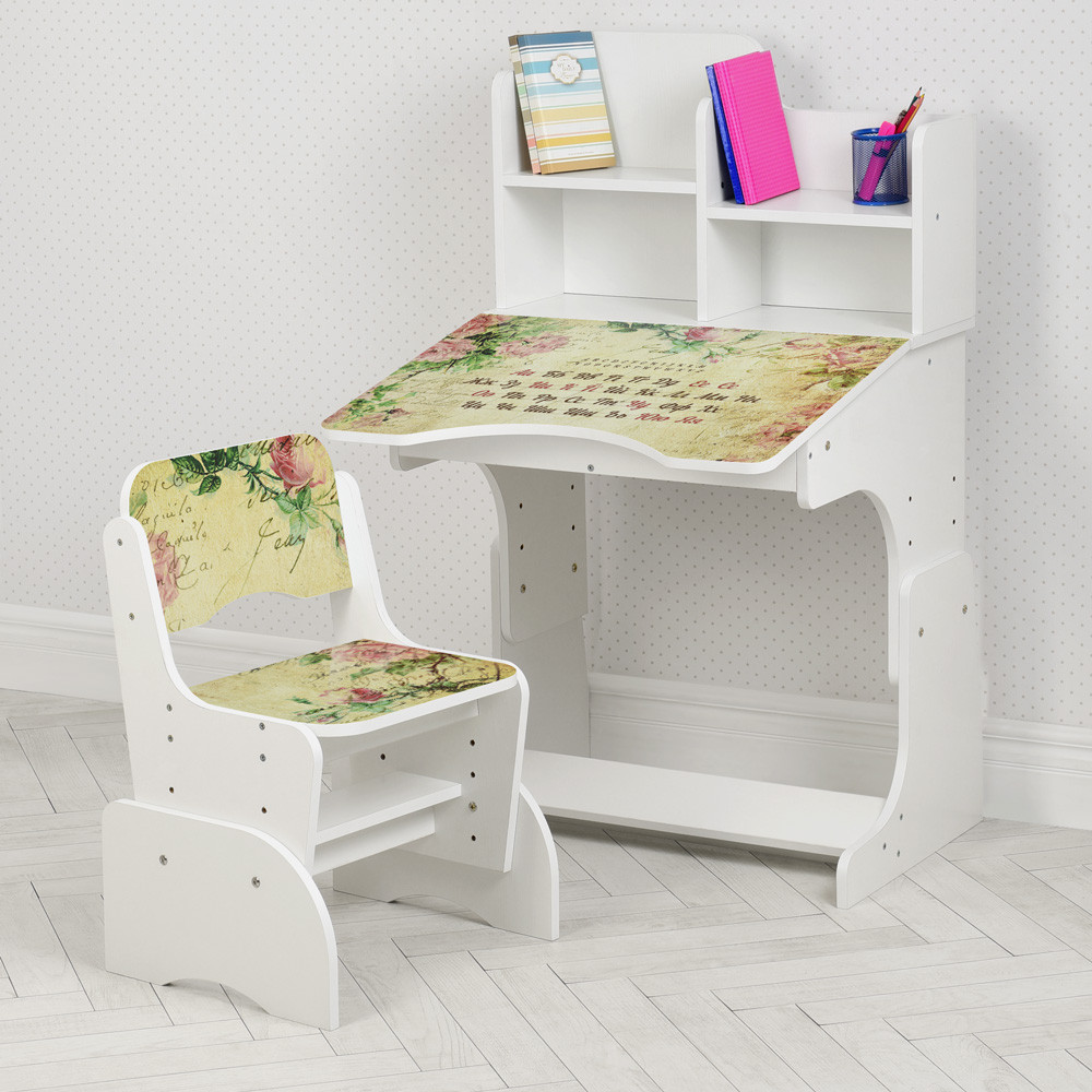 Дитяча парта зі стільчиком квіти біла Bambi W 2071-113-4(UA)(EN) український і англійський алфавіт