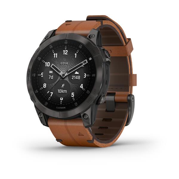 Смарт-годинник Garmin Epix (Gen 2) Sapphire чорний титановий з каштановим шкіряним ремінцем, фото 1