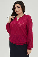 Женская гипюровая малиновая блуза с длинным рукавом большого размера 52 54 Делина