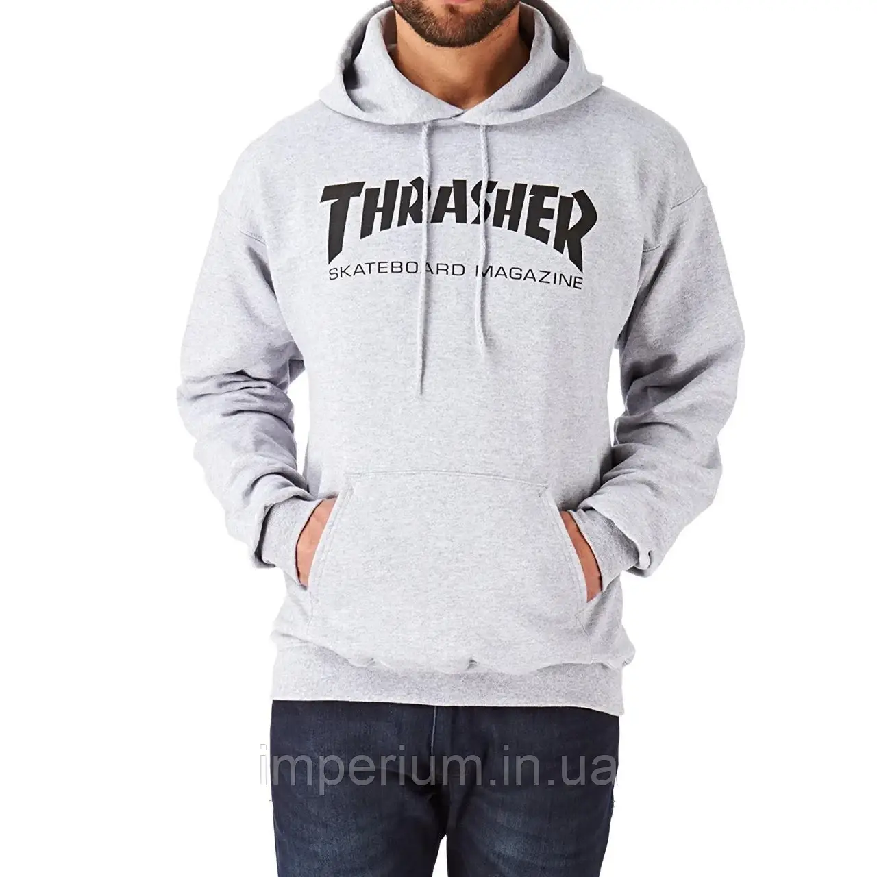 Чоловіче худі з чорним логотипом thrasher skateboard magazine | сіра толстовка