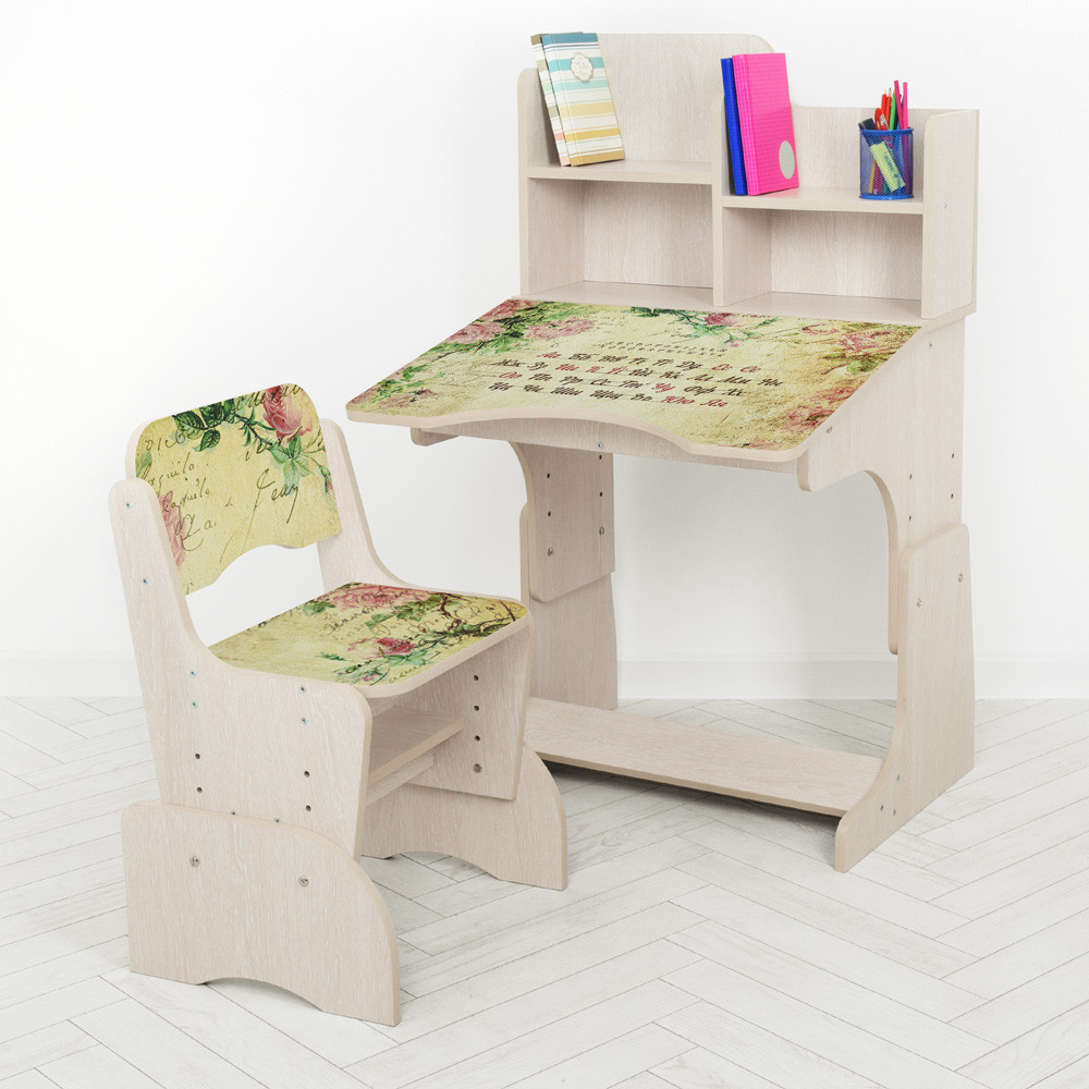 Дитяча парта зі стільчиком квіти дуб Bambi W 2071-113-1 (UA) (EN) український і англійський алфавіт