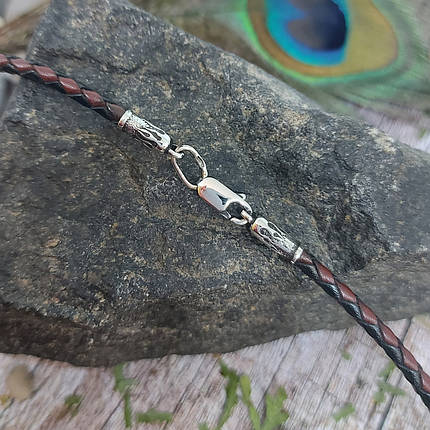 Вогонь, полум'я, Шнур шкіряний плетений плетений з срібними 925пр., кінцевиками і замком, фото 1