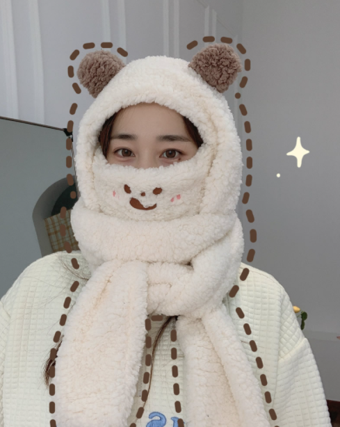 Шапка з вушками і маскою/ шапка з шарфом 2 в 1 / шапка жіноча / молочна шапка / шапка-каптур