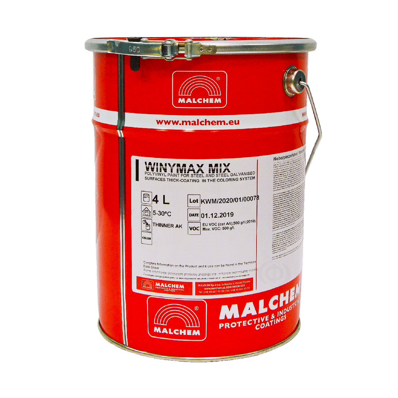 Фарба 3 в 1 по металу Malchem Winymax M антикорозійна однокомпонентна, біла, WB1, 4 л