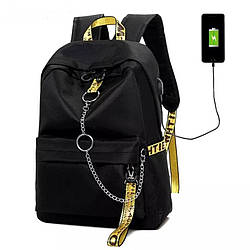 Рюкзак молодіжний чоловічий міської стильний з ланцюгом і жовтими стрічками, USB, чорного кольору
