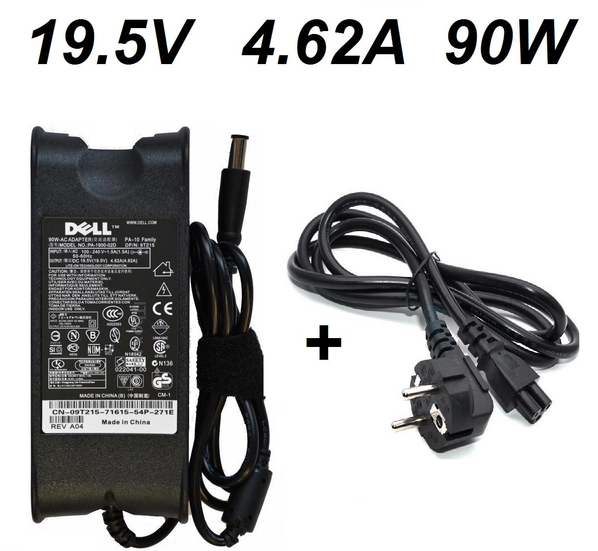 Блок живлення для ноутбука DELL 19.5 V 4.62 А (90 Вт) штекер 7.4*5.0 мм, довжина 0,9 м + кабель піт