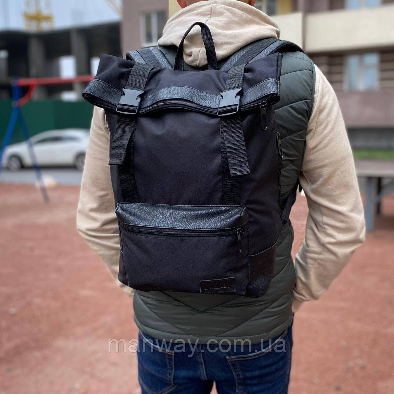 Чоловічий місткий рюкзак Роллтоп, стильний міський туристичний чорного кольору