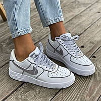 Кроссовки женские Nike Air Force White Reflective белые кожа найк аир форс рефлектив низкие демисезонные